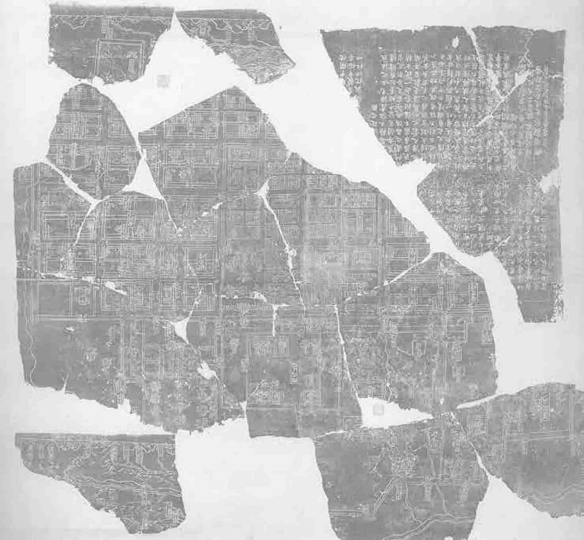 图4.8 此残碑拓片是唐代开元二十年（732年）长安城的布局图，原图于北宋元丰三年（1080年）由张佑绘制、吕大防撰题记，并于同年刻石。原碑高2米，宽1.5米
