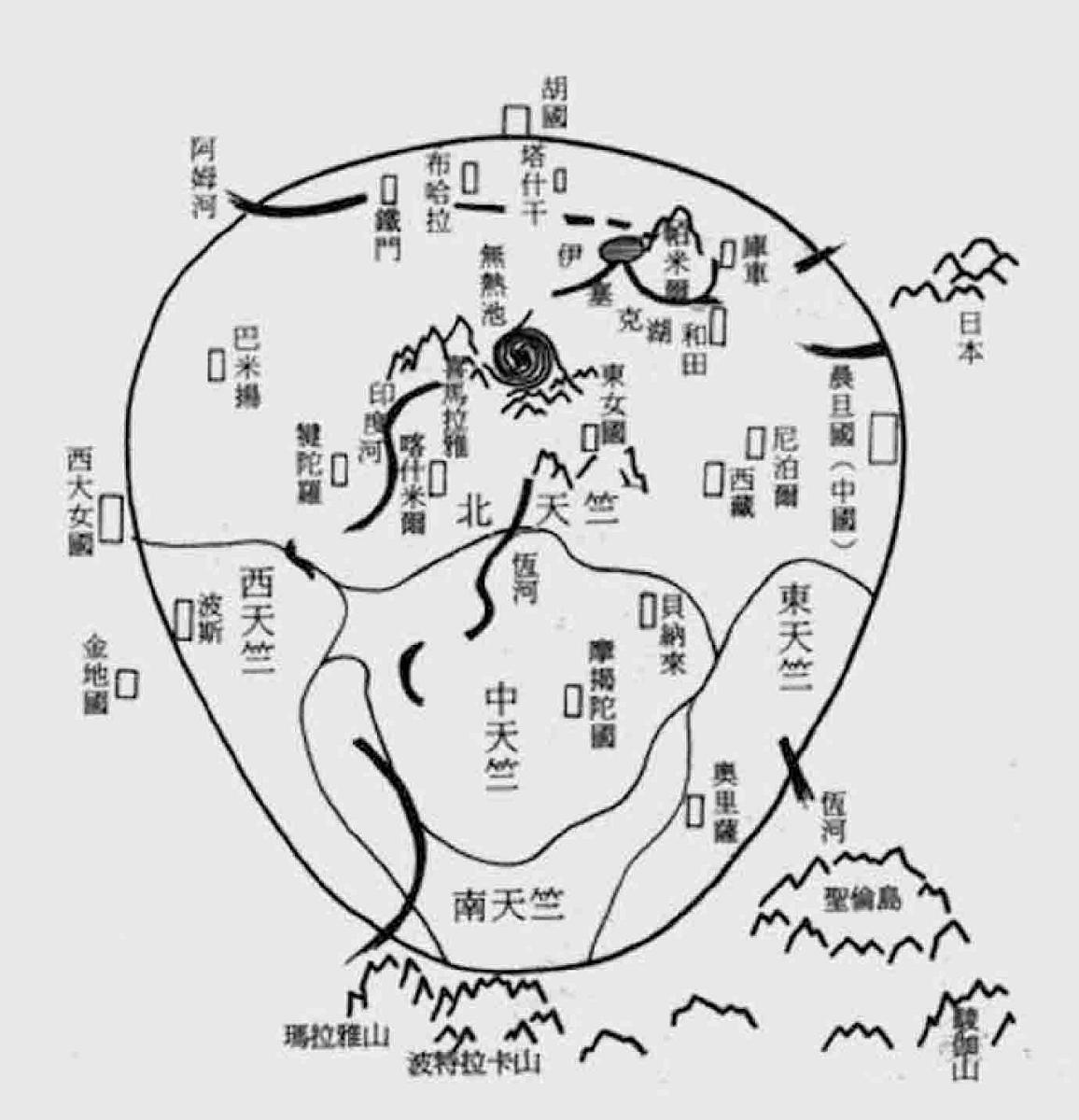 图5.10 从这幅14世纪日本绘制的《五天竺图》（墨线图）来看，天竺（印度）在瞻部州的中心，中国和日本一样而是偏远国家，中国并不是世界的中心，日本列岛与其中国大陆隔海相望