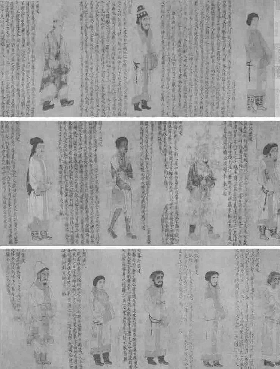 图6.5 《职贡图》原为南朝梁元帝萧绎（约508——554年）所绘，原图共绘有25国使，反映了当时南朝与各国友好相处，来朝贡的使臣不绝于途的盛况。但存世的宋摹本上仅余12使臣，及题记述各国风情。此图为宋摹本局部