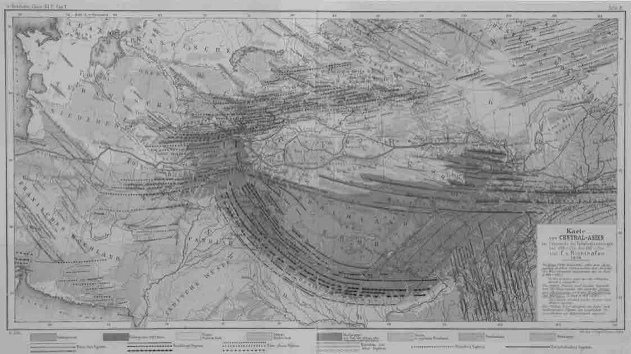 图6.4 德国地理学家李希霍芬在他1876年绘制的《中亚地图》中，用明显的橘色标示出“丝绸之路”，它也由此成为了世界上第一幅丝绸之路