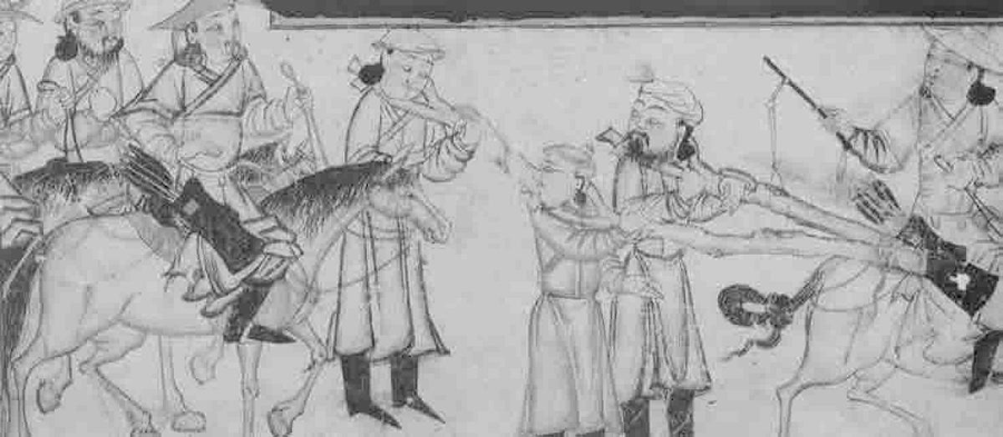 图7.1 《史集》是研究中世纪亚欧各国历史，特别是蒙古史的重要史料，书中插图描绘了蒙古西征中用木枷押送战俘的场景